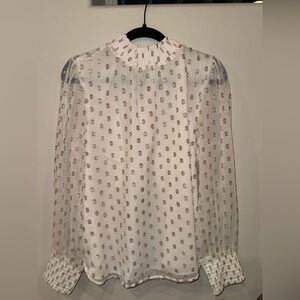 LOFT Cream Pleated Ruffled Blouse with Mandarin Collar